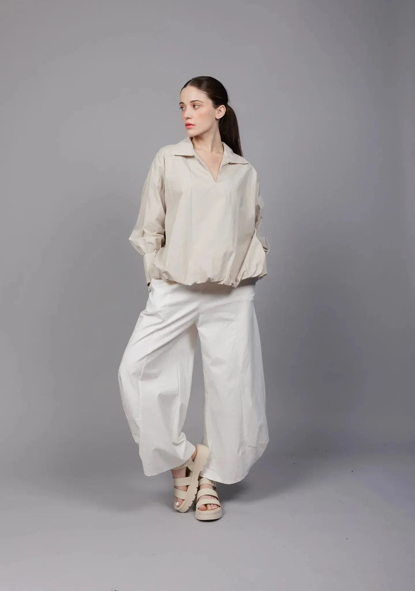 Paolo Tricot, SM5557 Collared Pull On Blouson Shirt White