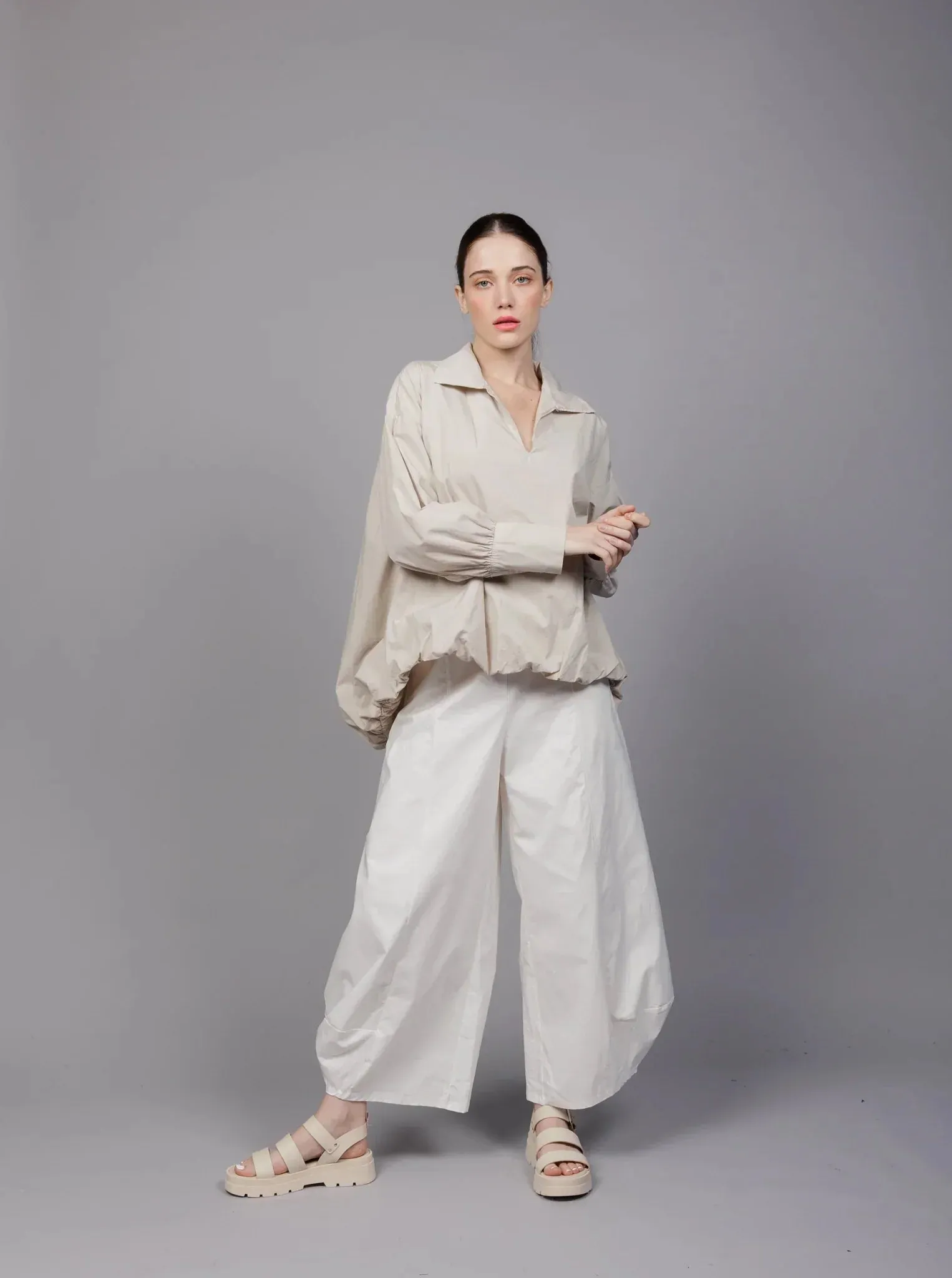 Paolo Tricot, SM5557 Collared Pull On Blouson Shirt White