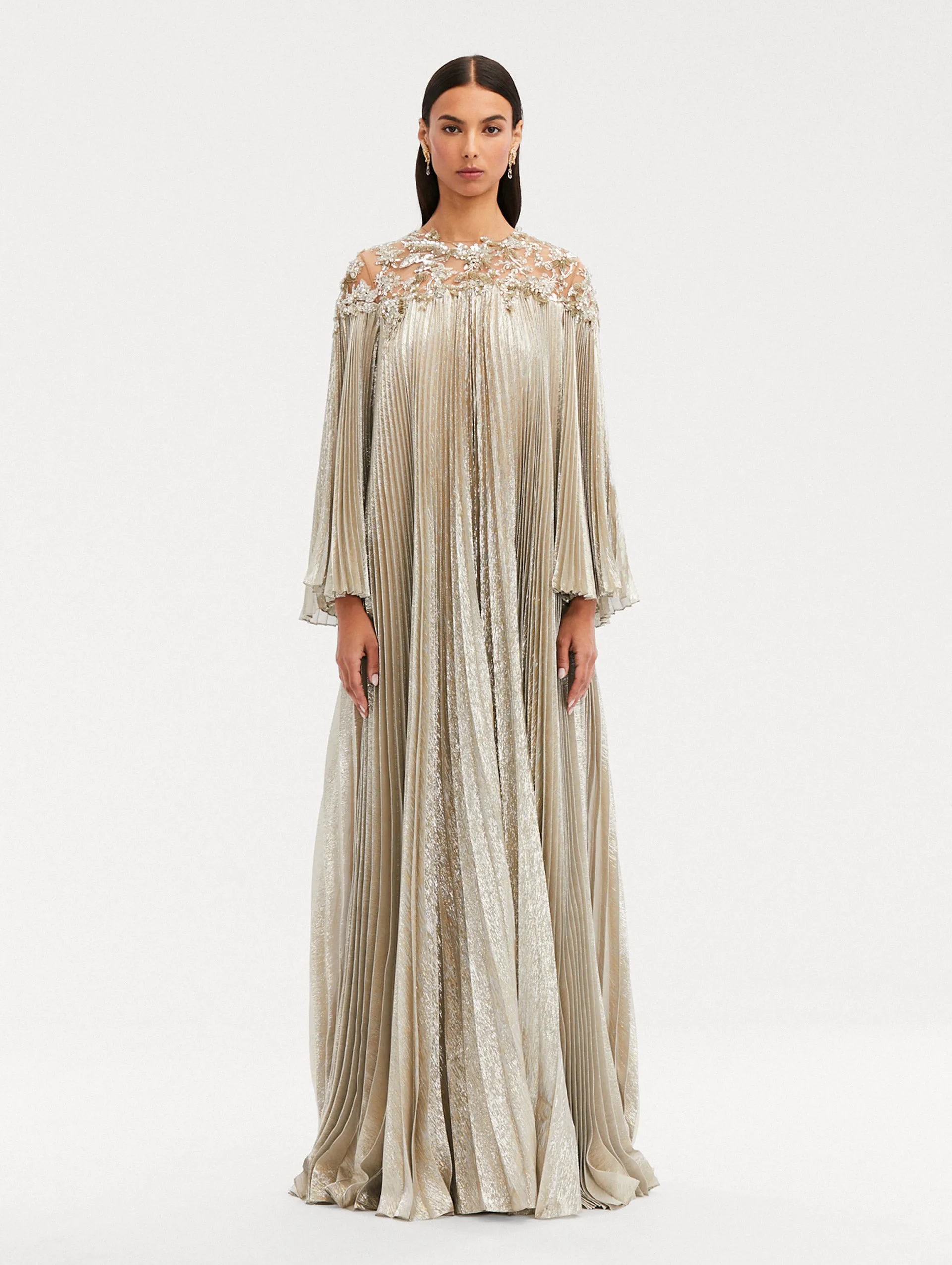 Pleated Lamé Mousseline Illusion Neck Caftan
