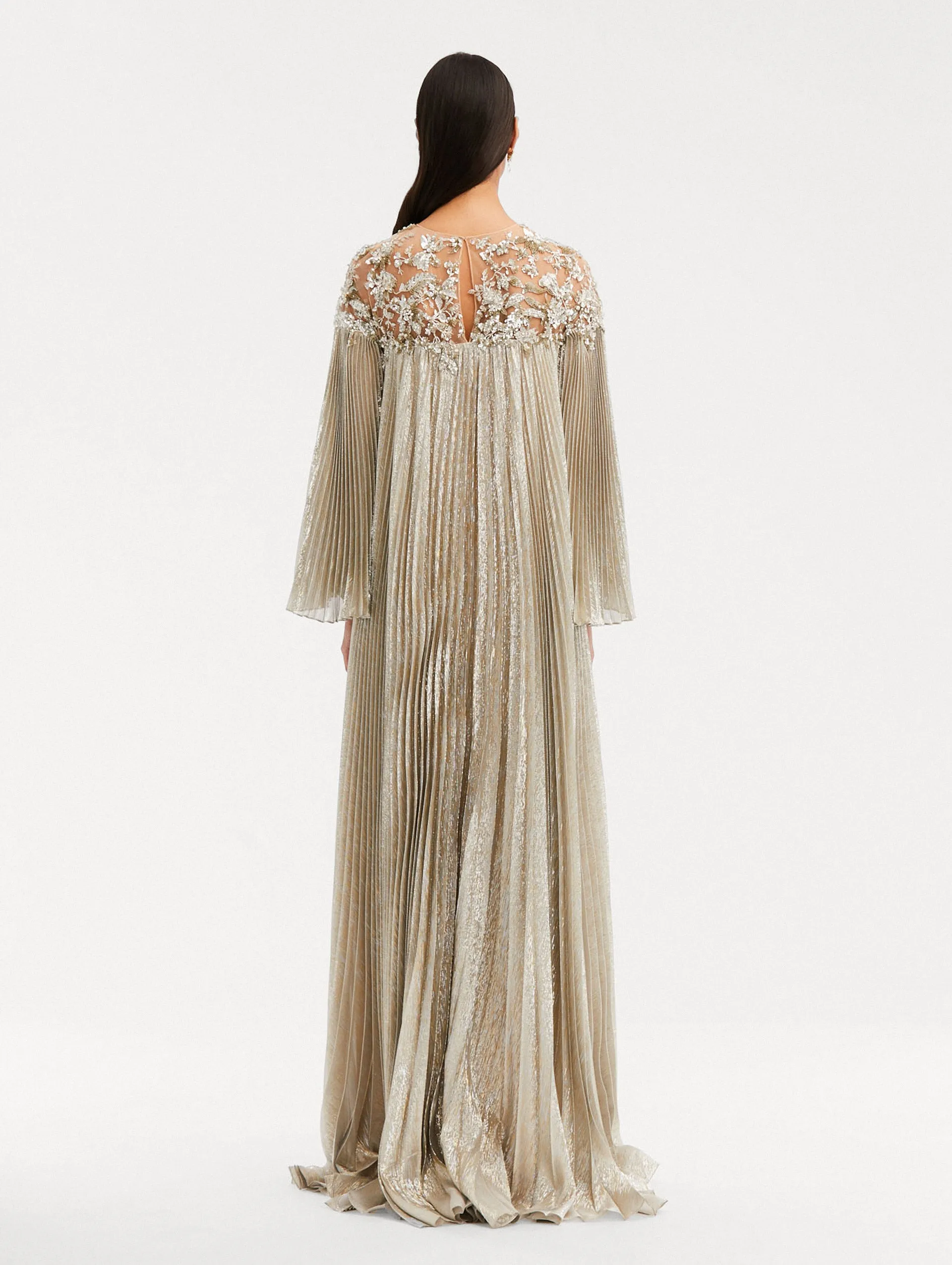 Pleated Lamé Mousseline Illusion Neck Caftan