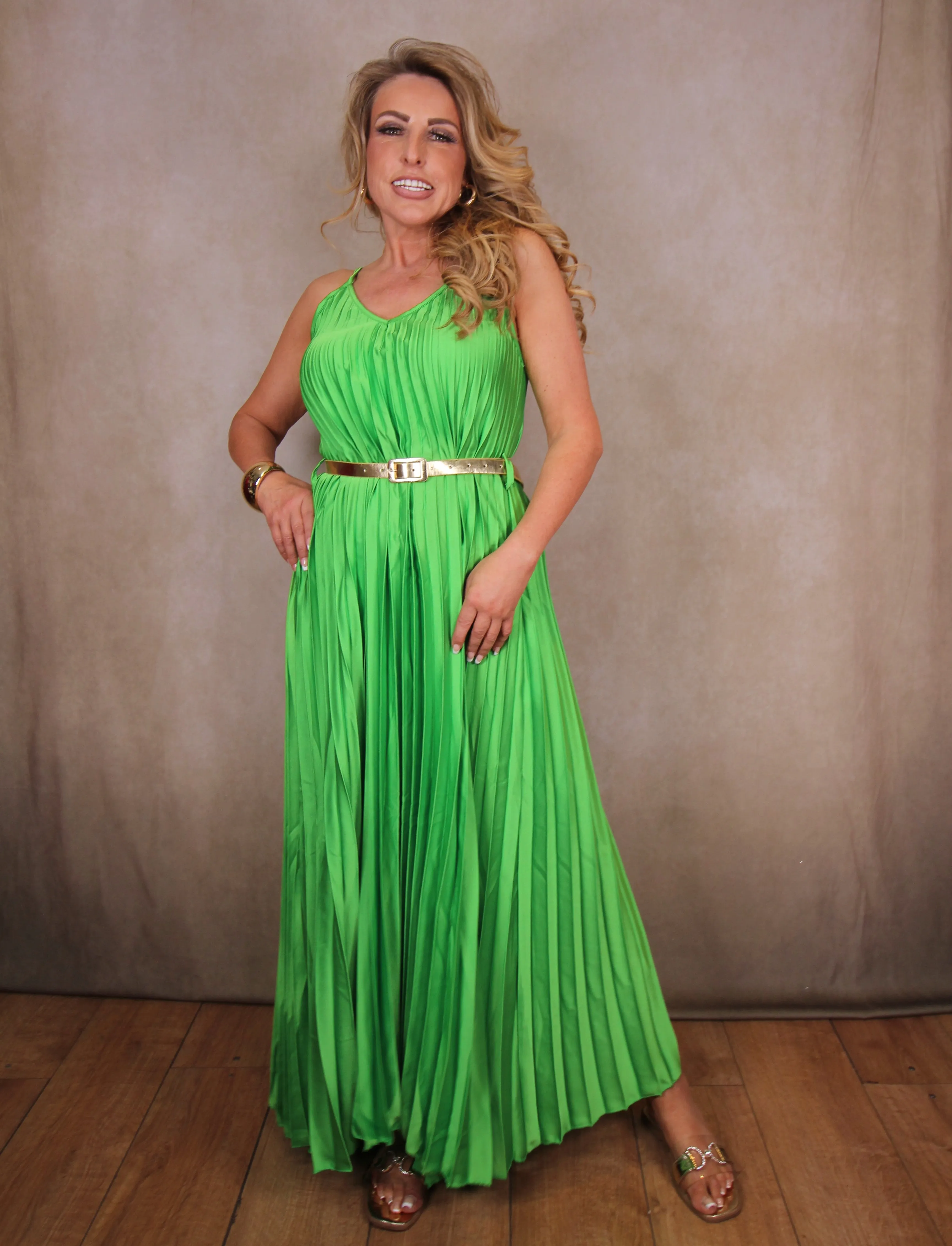 Pleated Maxi Belted Dress