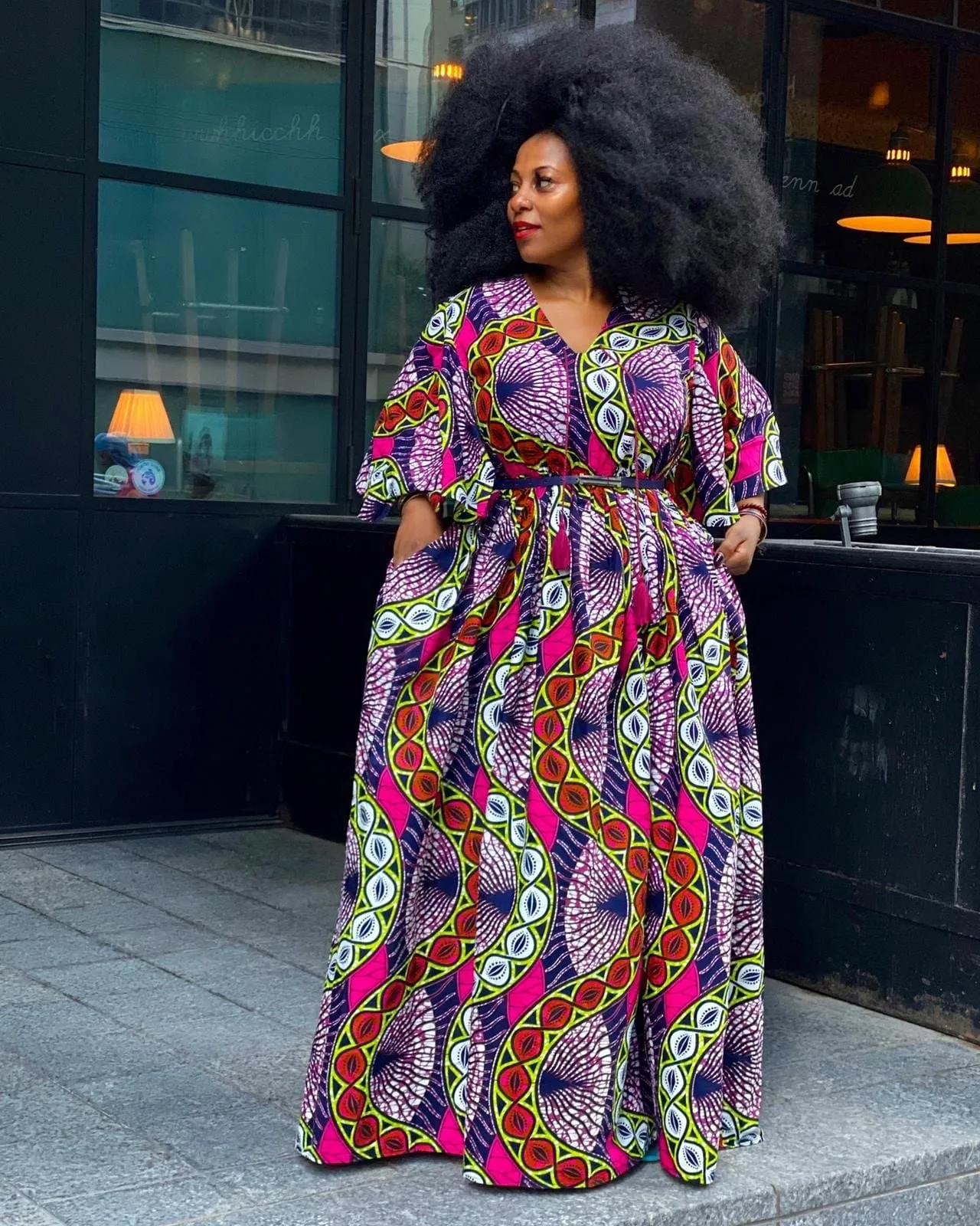 Plus Size African Print Maxi Dress with Cape - Pink