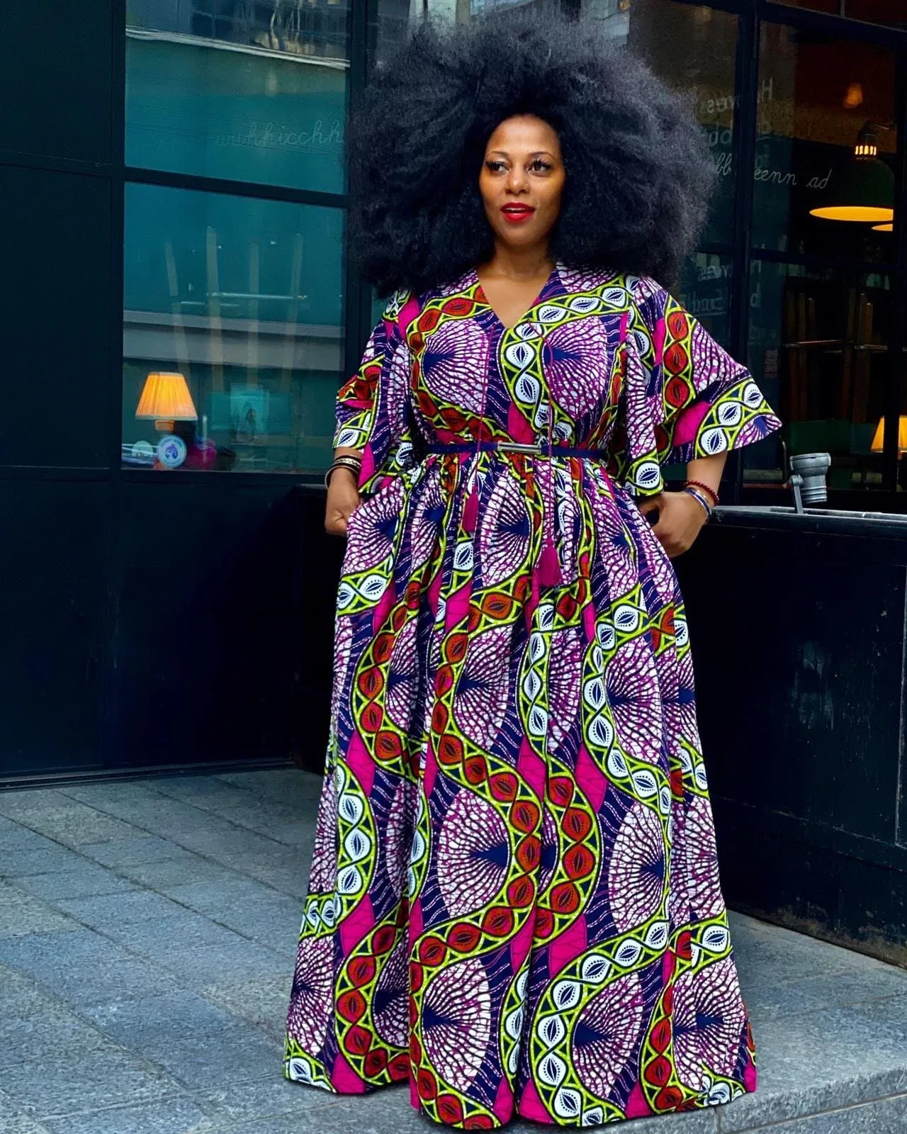 Plus Size African Print Maxi Dress with Cape - Pink