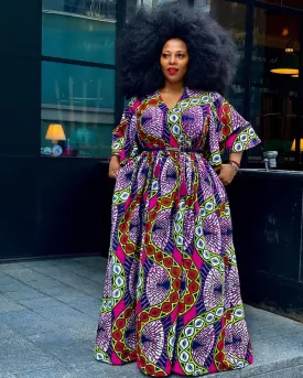 Plus Size African Print Maxi Dress with Cape - Pink