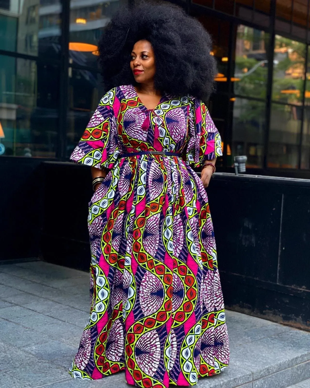 Plus Size African Print Maxi Dress with Cape - Pink