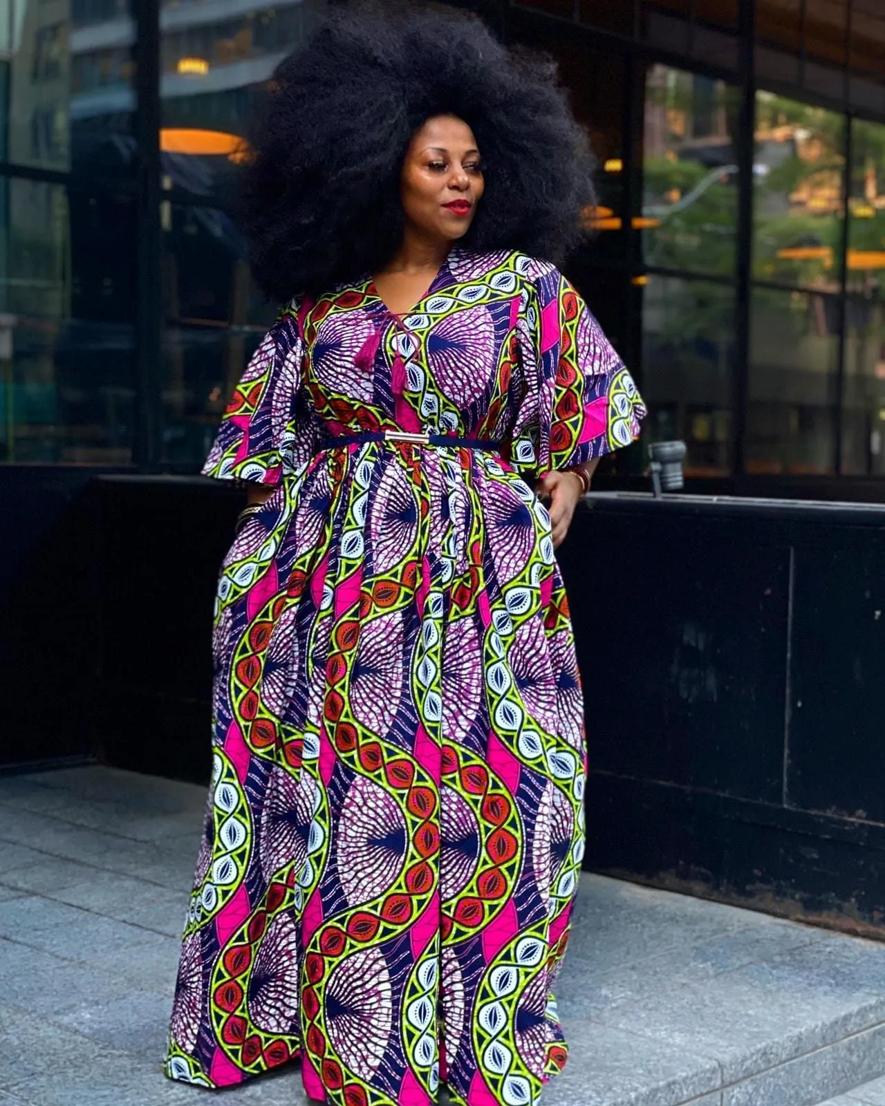 Plus Size African Print Maxi Dress with Cape - Pink