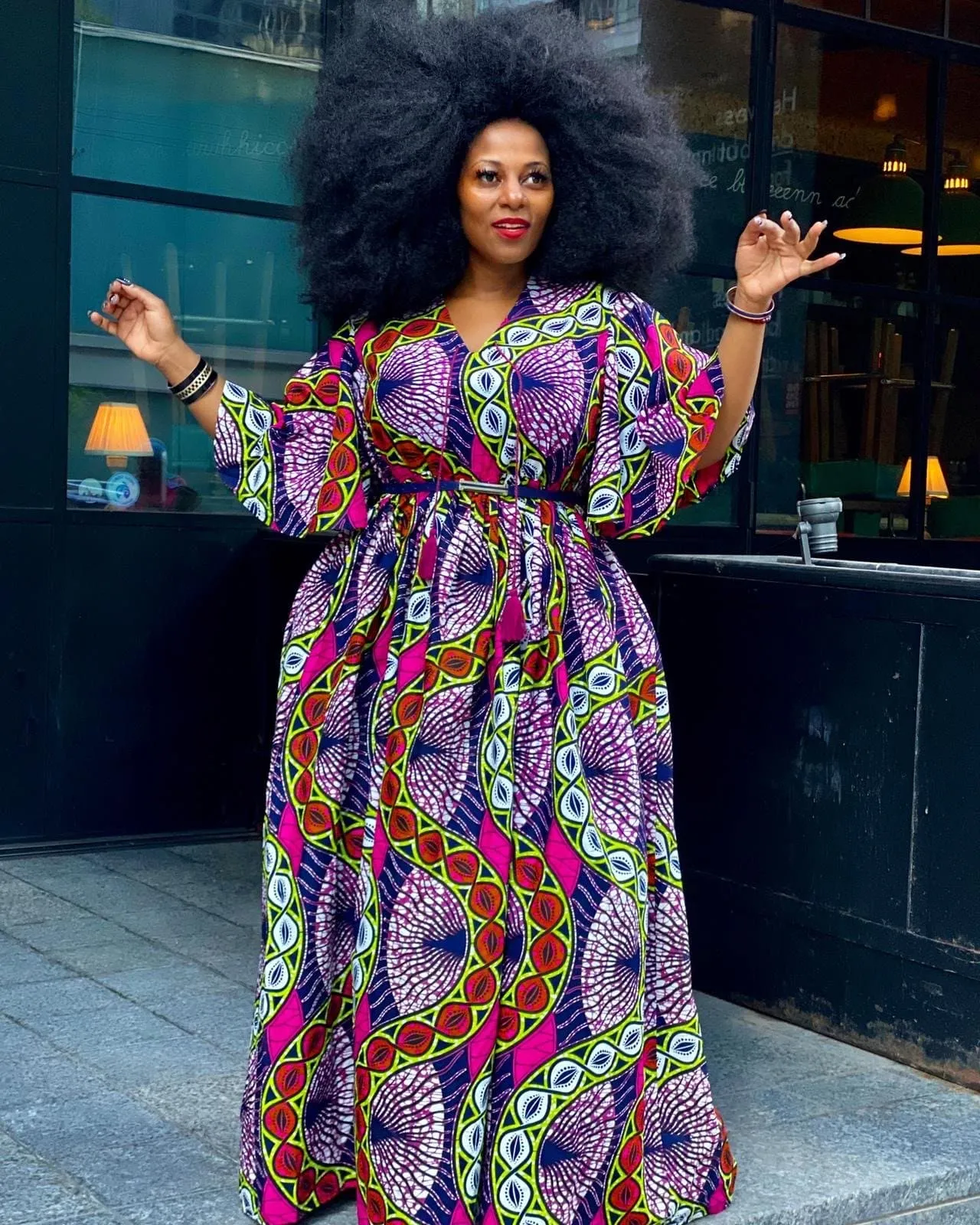 Plus Size African Print Maxi Dress with Cape - Pink