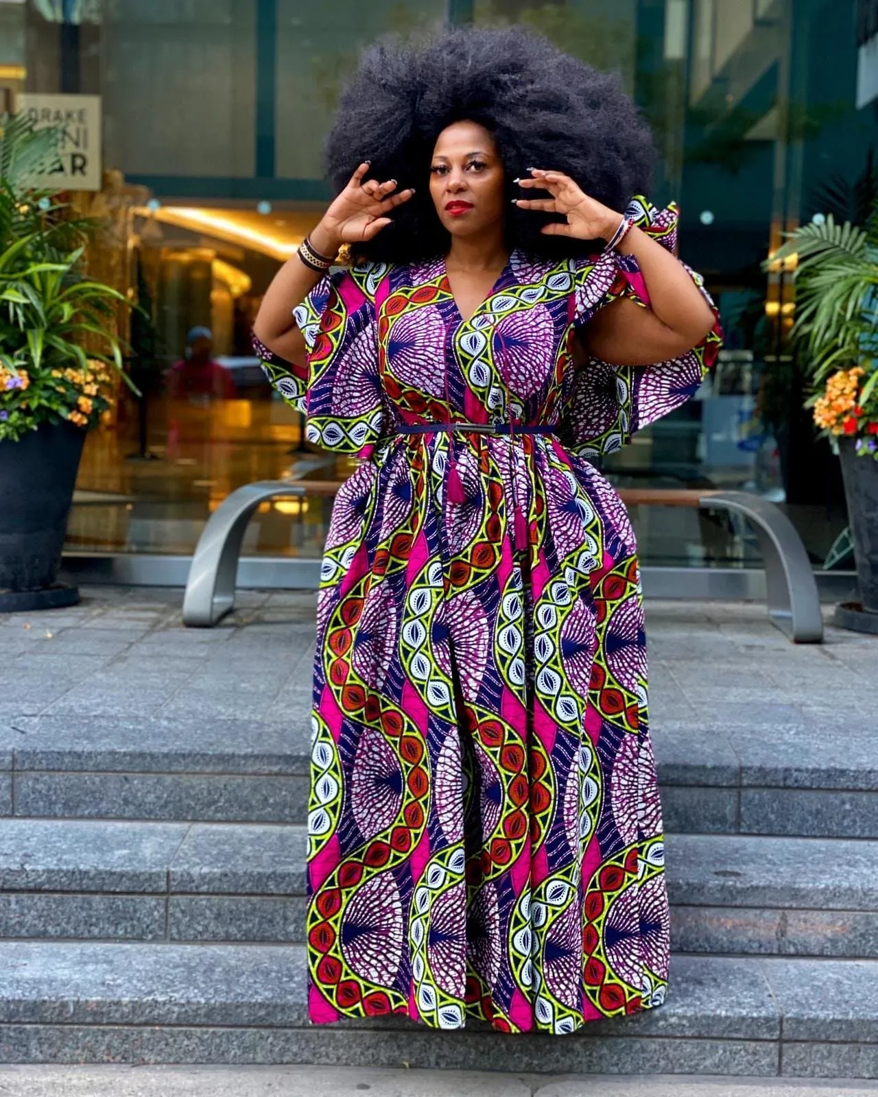 Plus Size African Print Maxi Dress with Cape - Pink