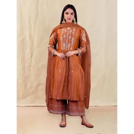 Priya Chaudhary Brown Embroidered Kurta and Palazzo with Dupatta (Set of 3)