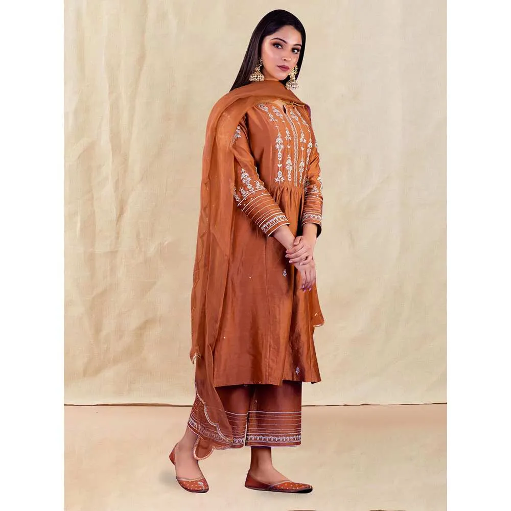Priya Chaudhary Brown Embroidered Kurta and Palazzo with Dupatta (Set of 3)