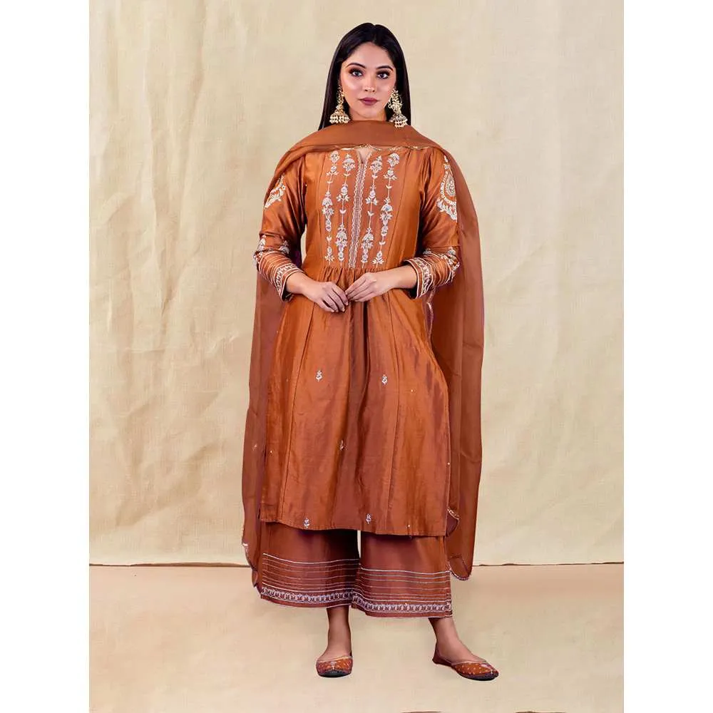 Priya Chaudhary Brown Embroidered Kurta and Palazzo with Dupatta (Set of 3)