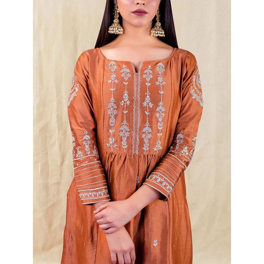 Priya Chaudhary Brown Embroidered Kurta and Palazzo with Dupatta (Set of 3)