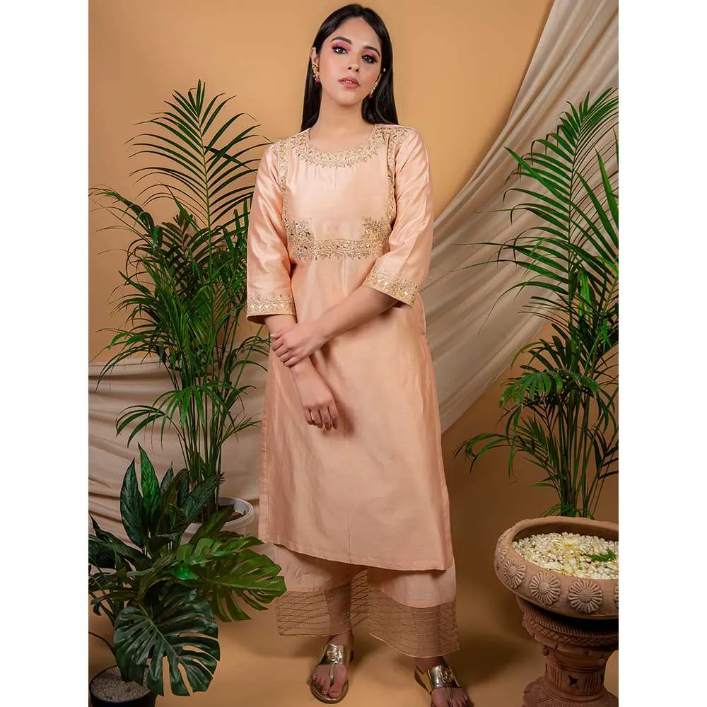 Priya Chaudhary Peach Embroidered Kurta and Palazzo with Dupatta (Set of 3)