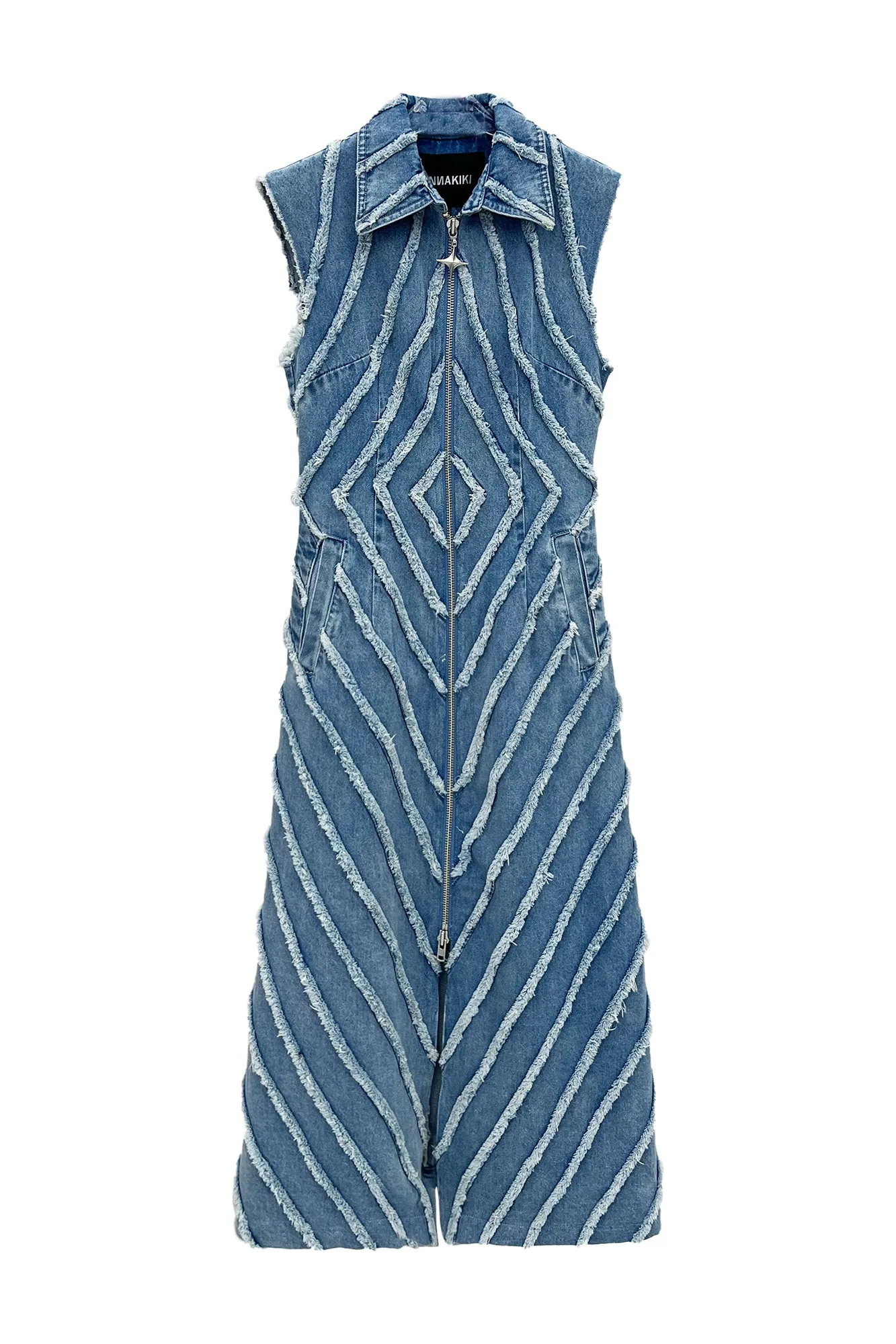  Rough-edged denim long vest