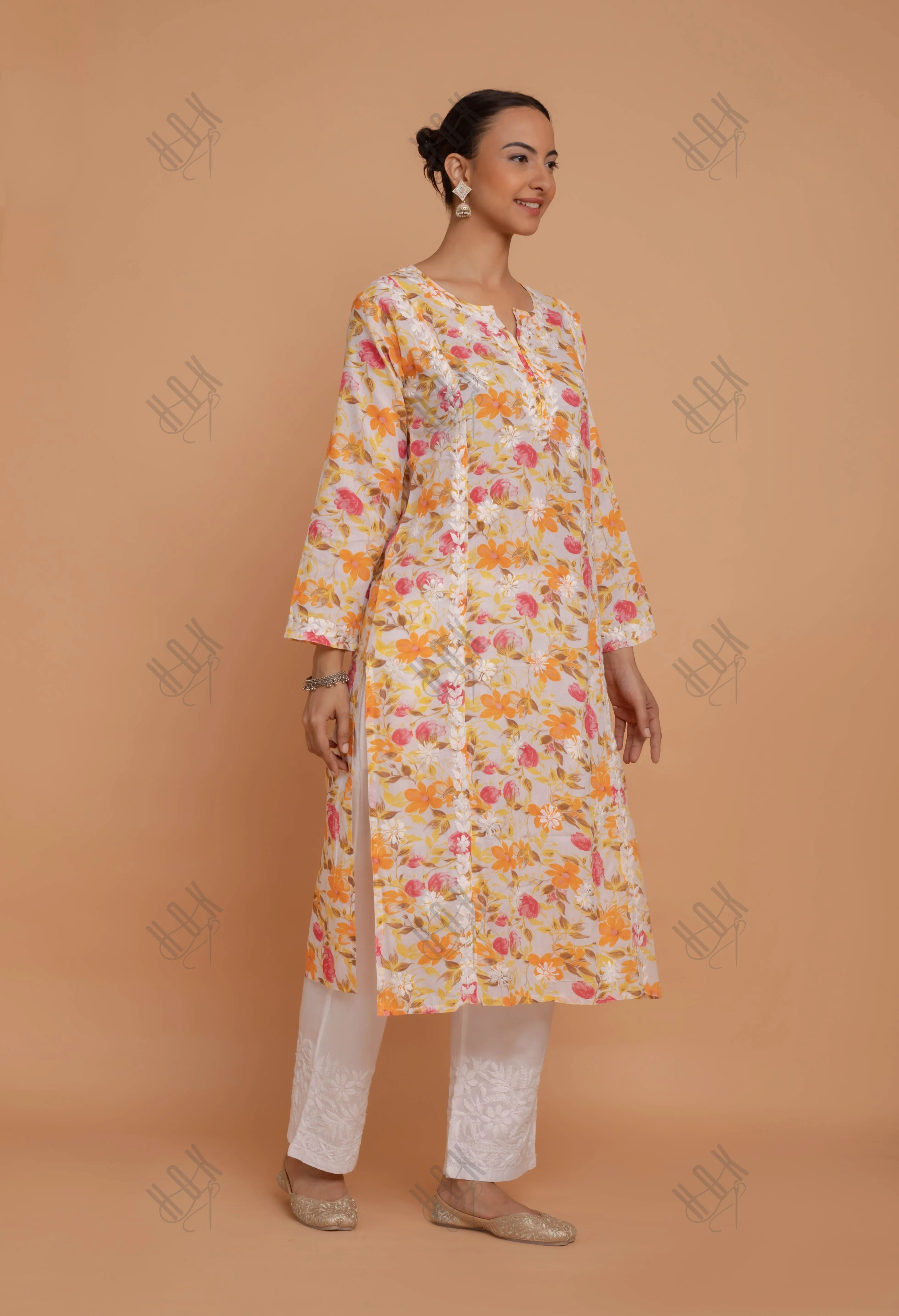 Saba Chikankari Kurta in Mul cotton in Yellow Floral