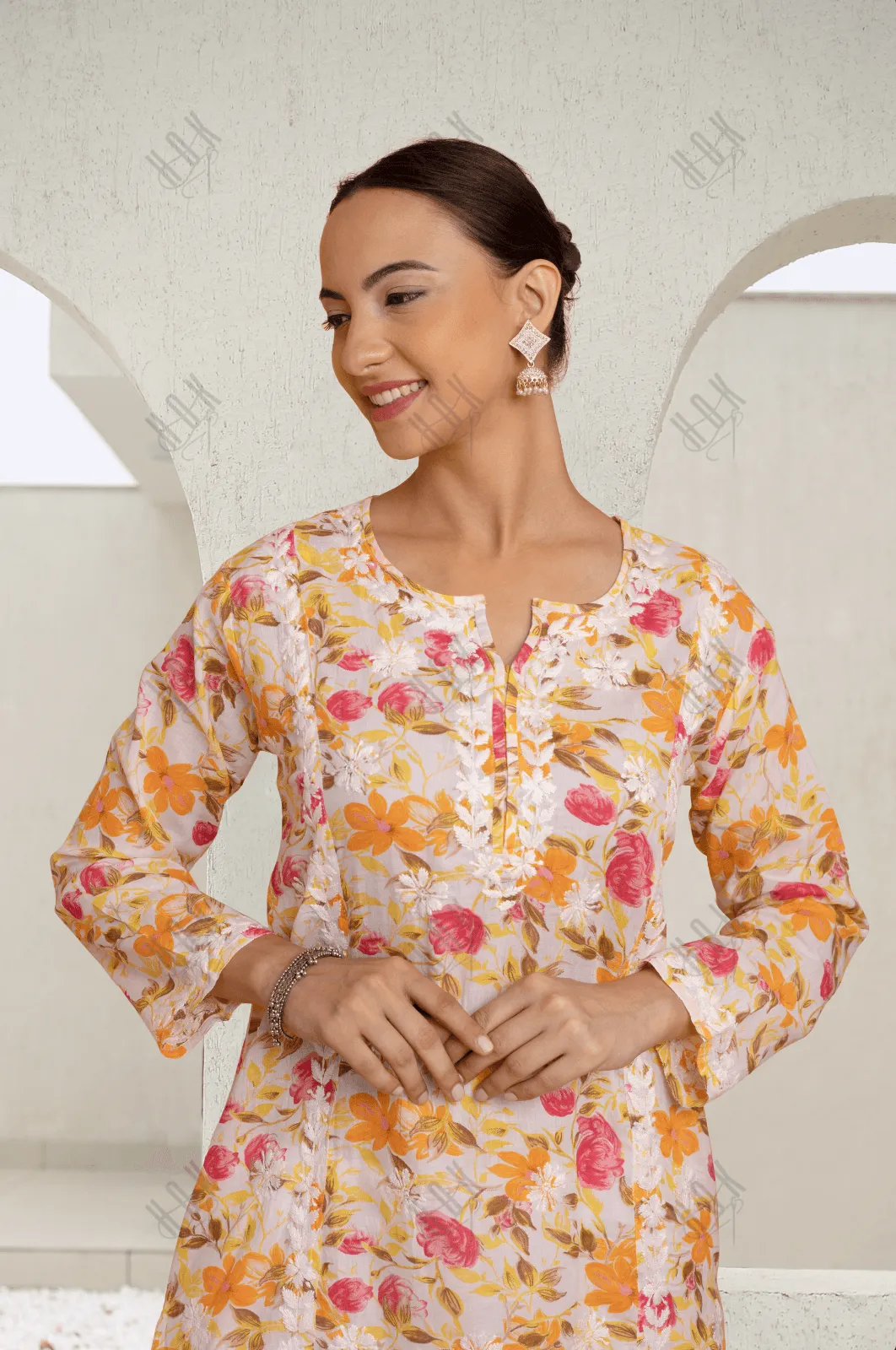 Saba Chikankari Kurta in Mul cotton in Yellow Floral