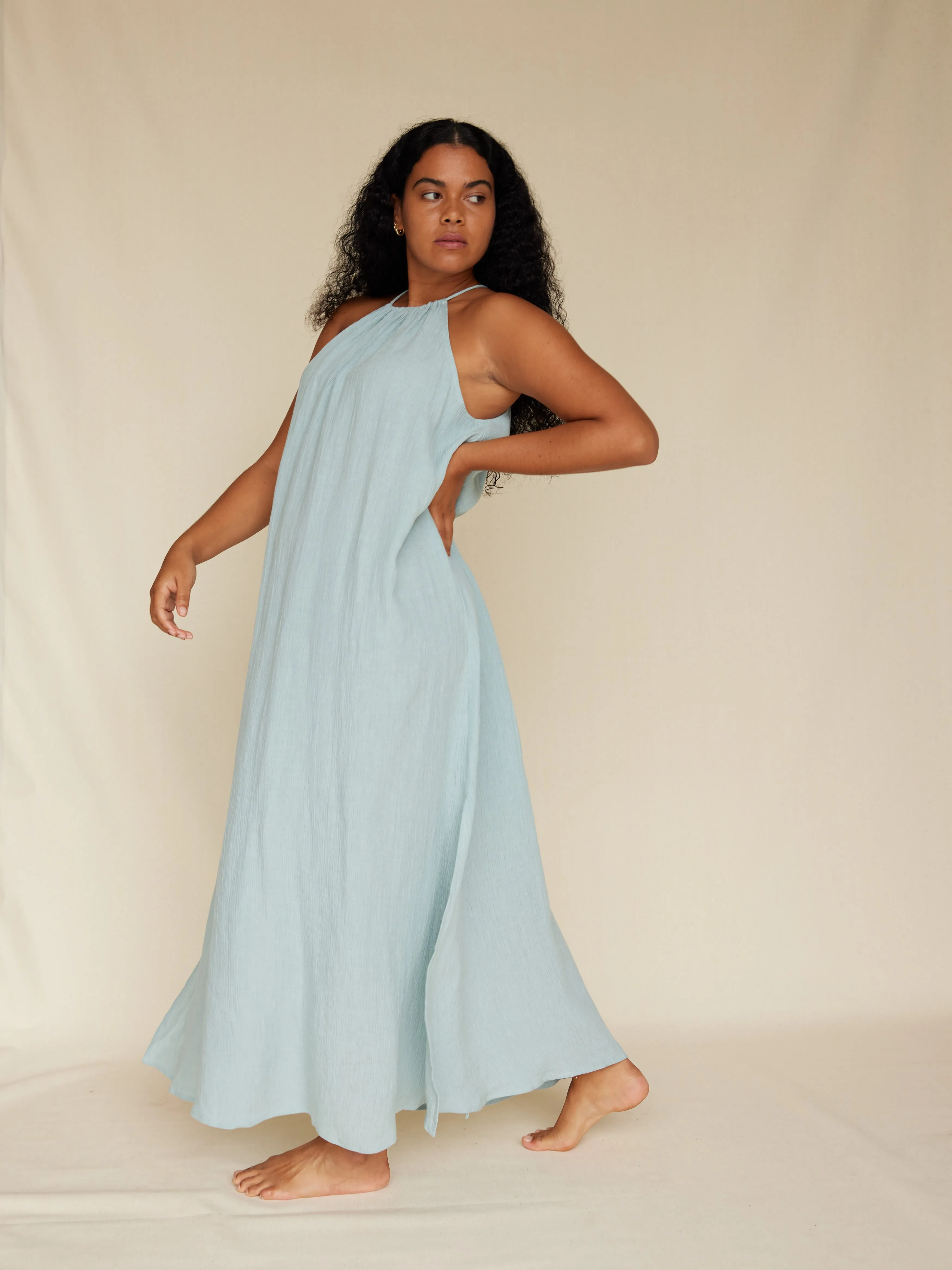 Saloma Linen Halter Dress - Duckegg Blue