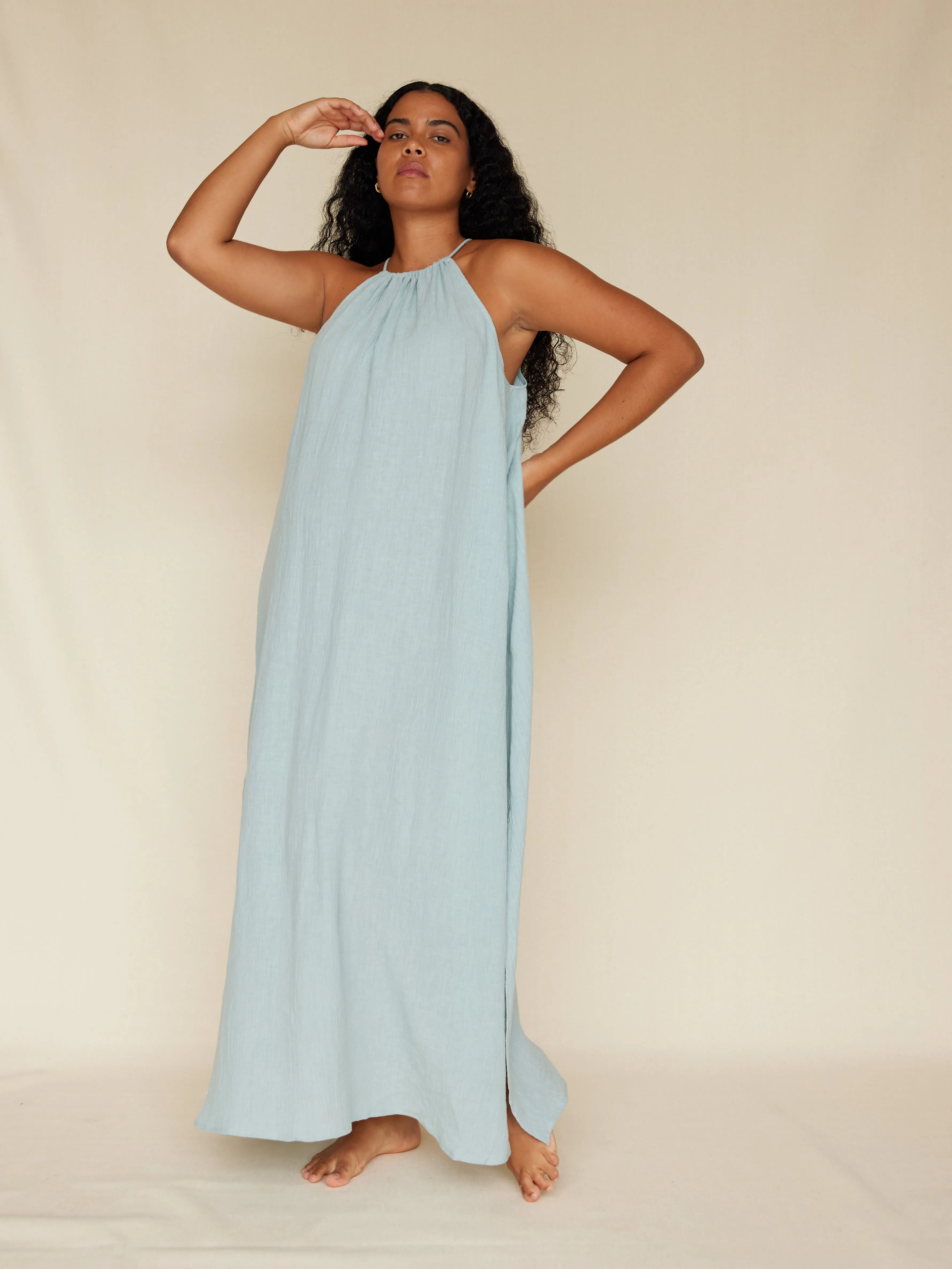 Saloma Linen Halter Dress - Duckegg Blue