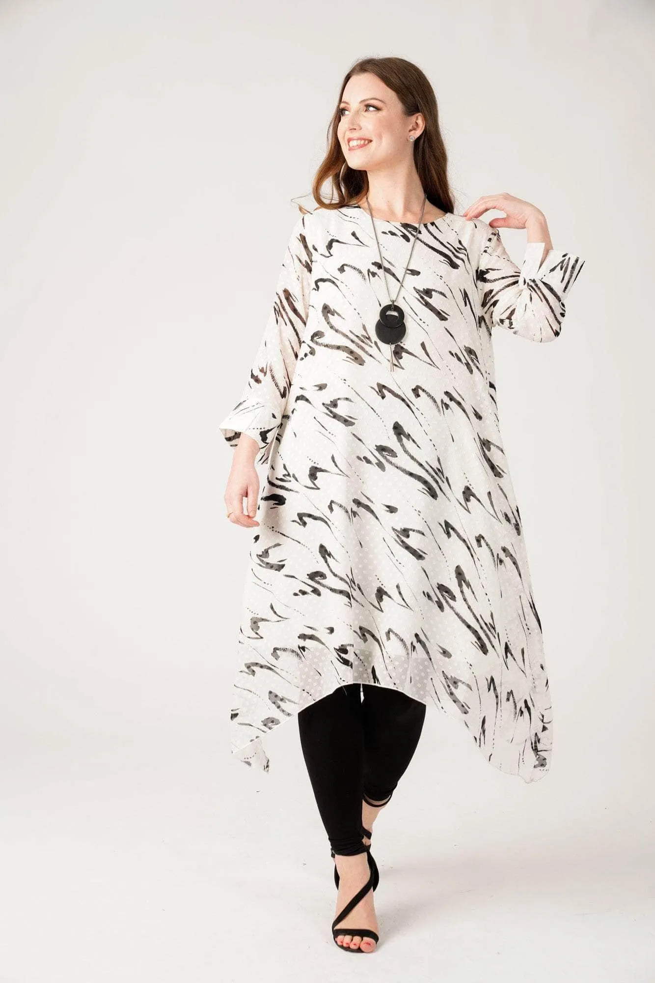 Saloos Calligraphic Chiffon Midi-Dress with Necklace