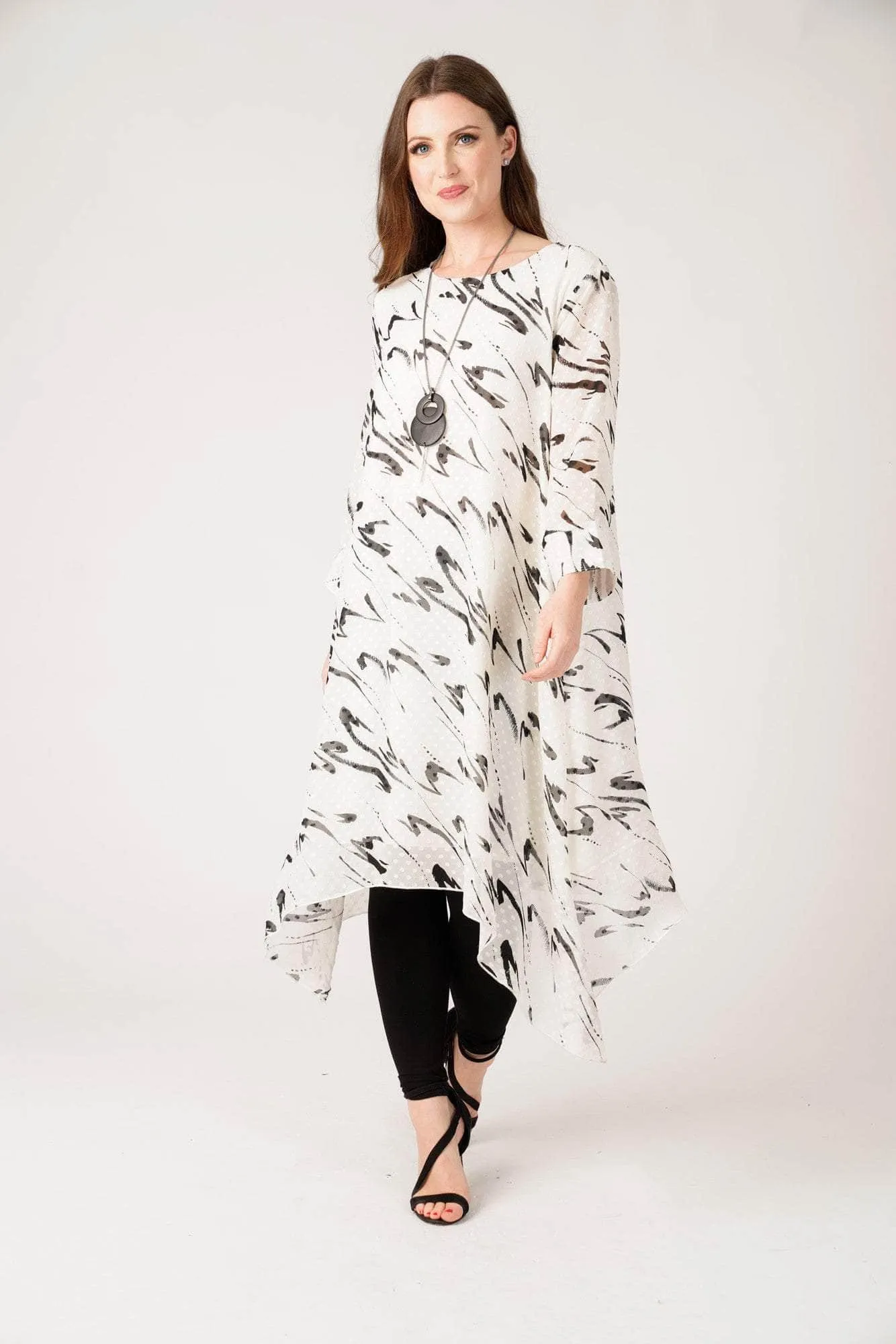 Saloos Calligraphic Chiffon Midi-Dress with Necklace