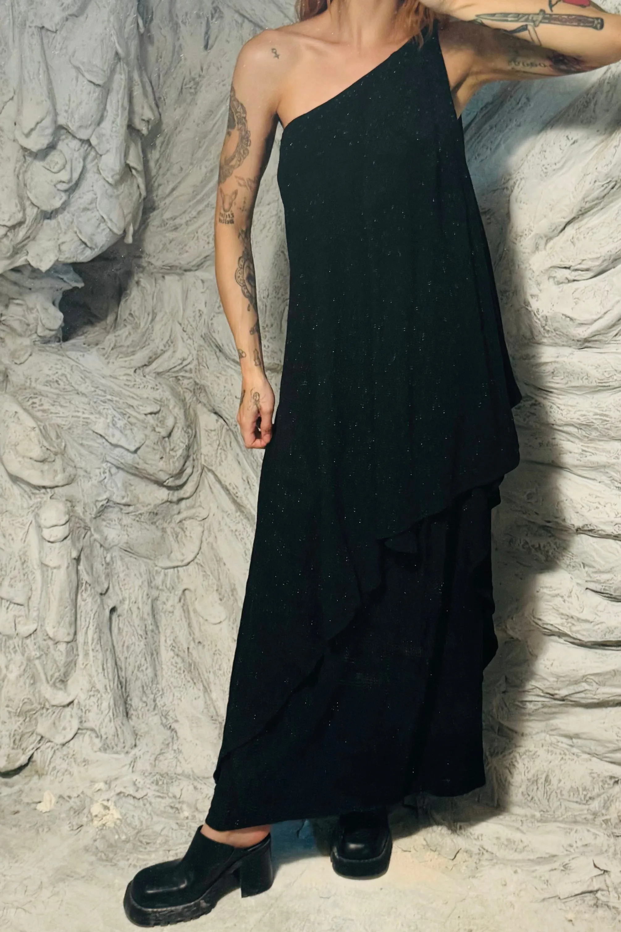 SAMPLE #225 - S Black Linen One Shoulder Maxi Dress