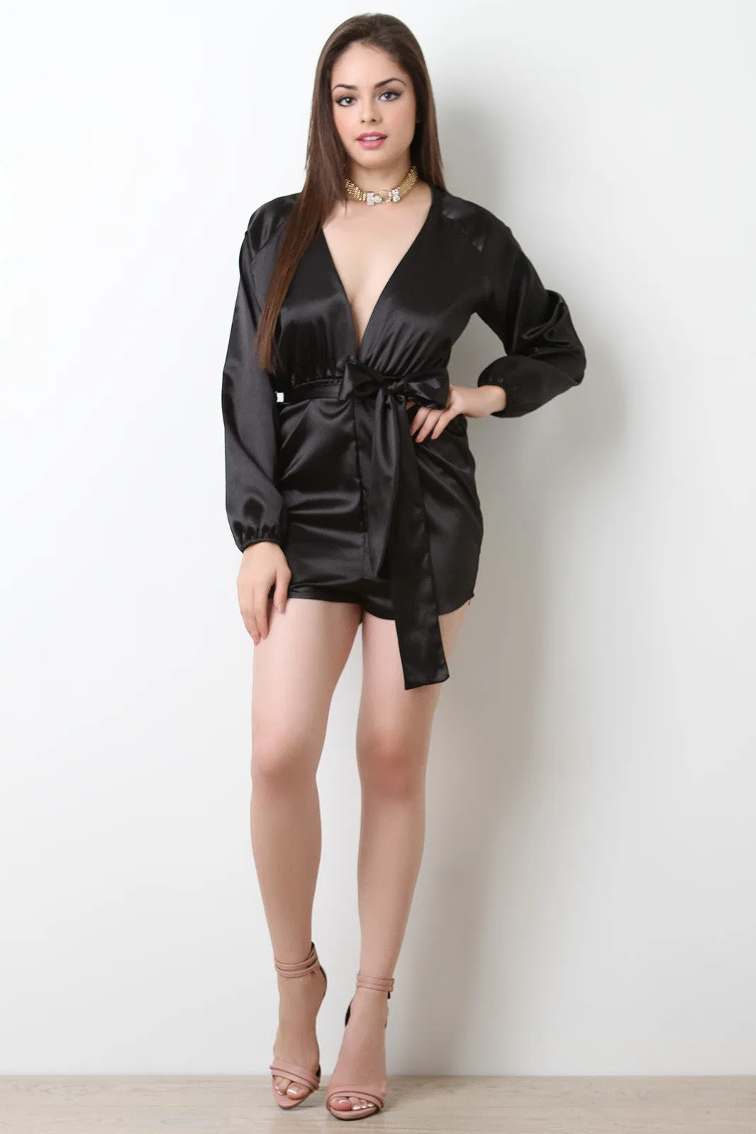 Satin Deep V Neck Waist-Tie Romper