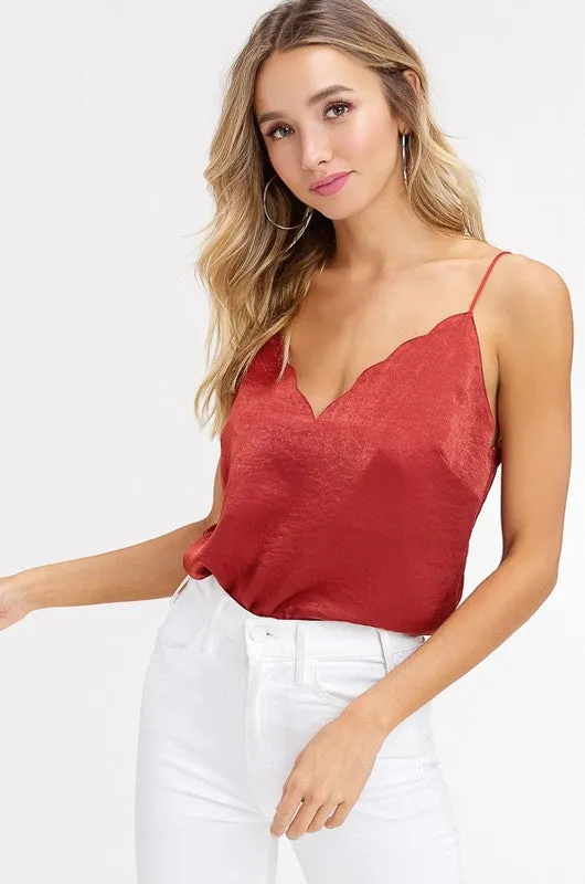 Scallop V-Neck Camisole Top - Maple Red