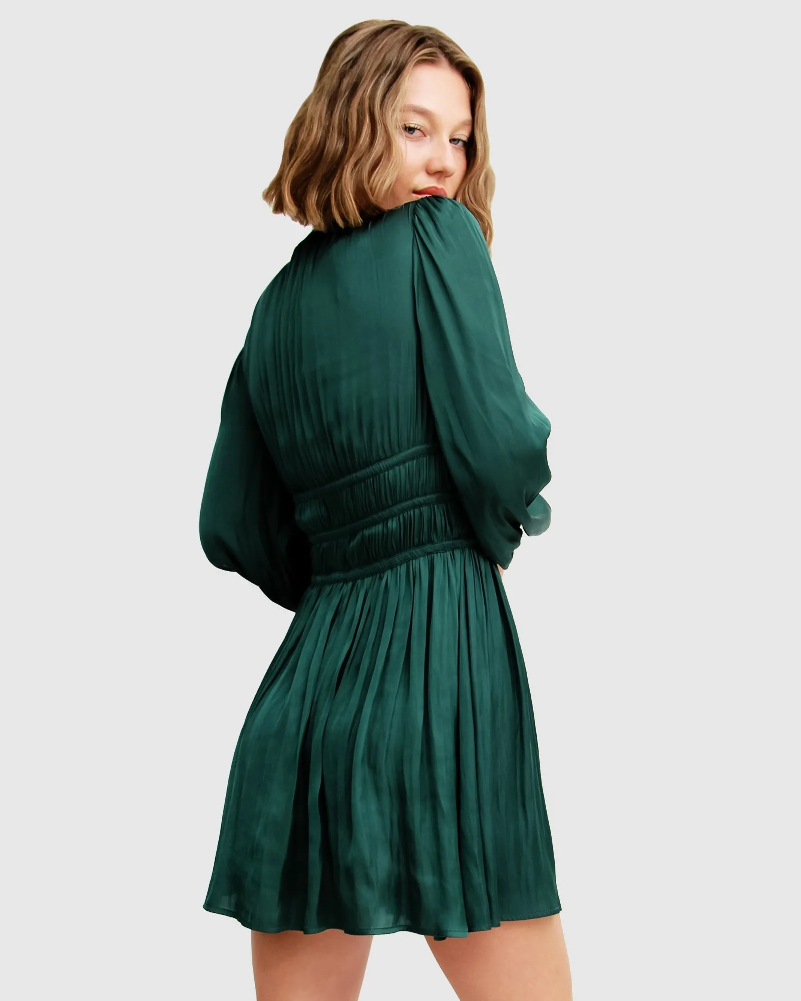 Shine Bright Ruched Mini Dress - Dark Green