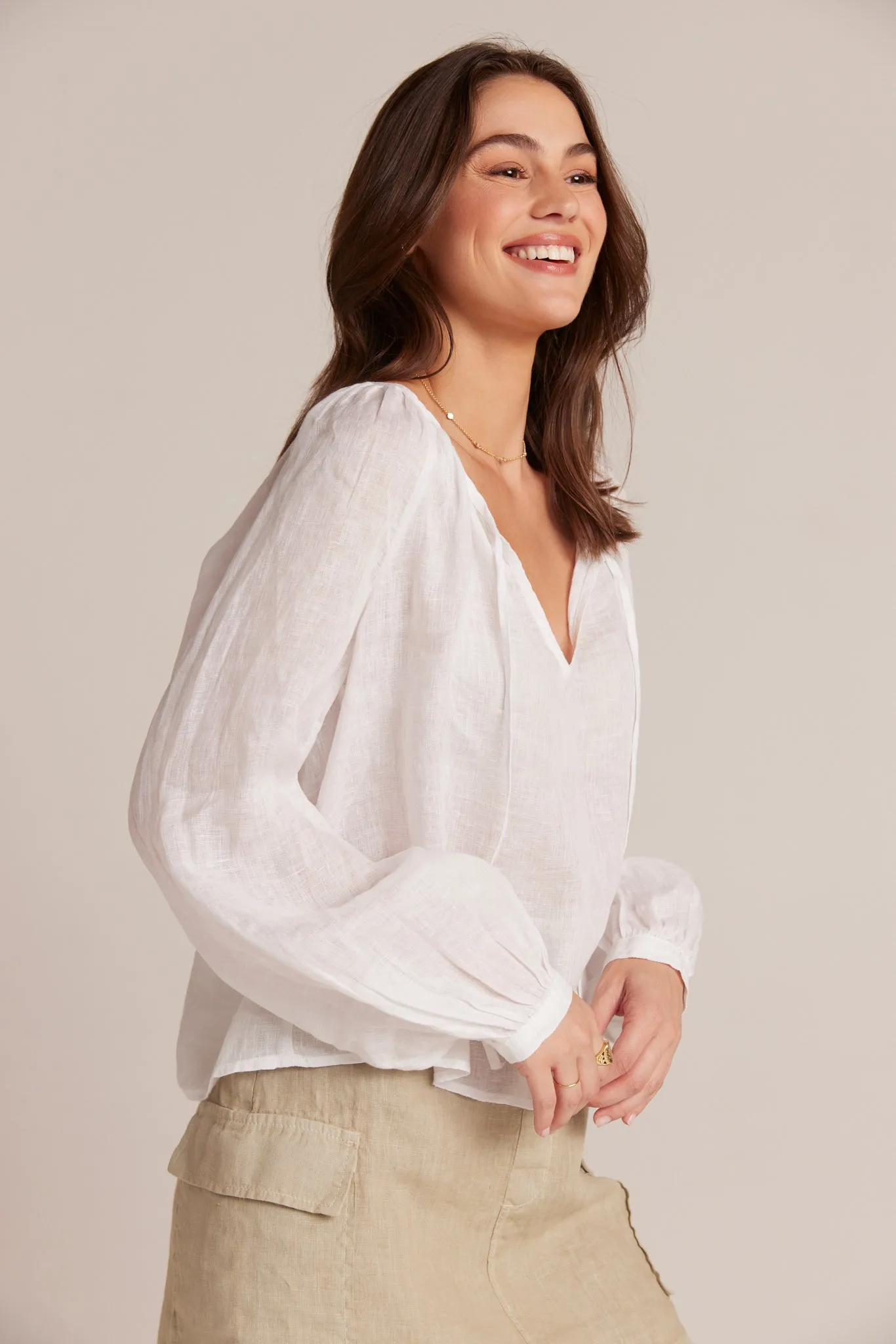 Shirred Linen Raglan Blouse - White
