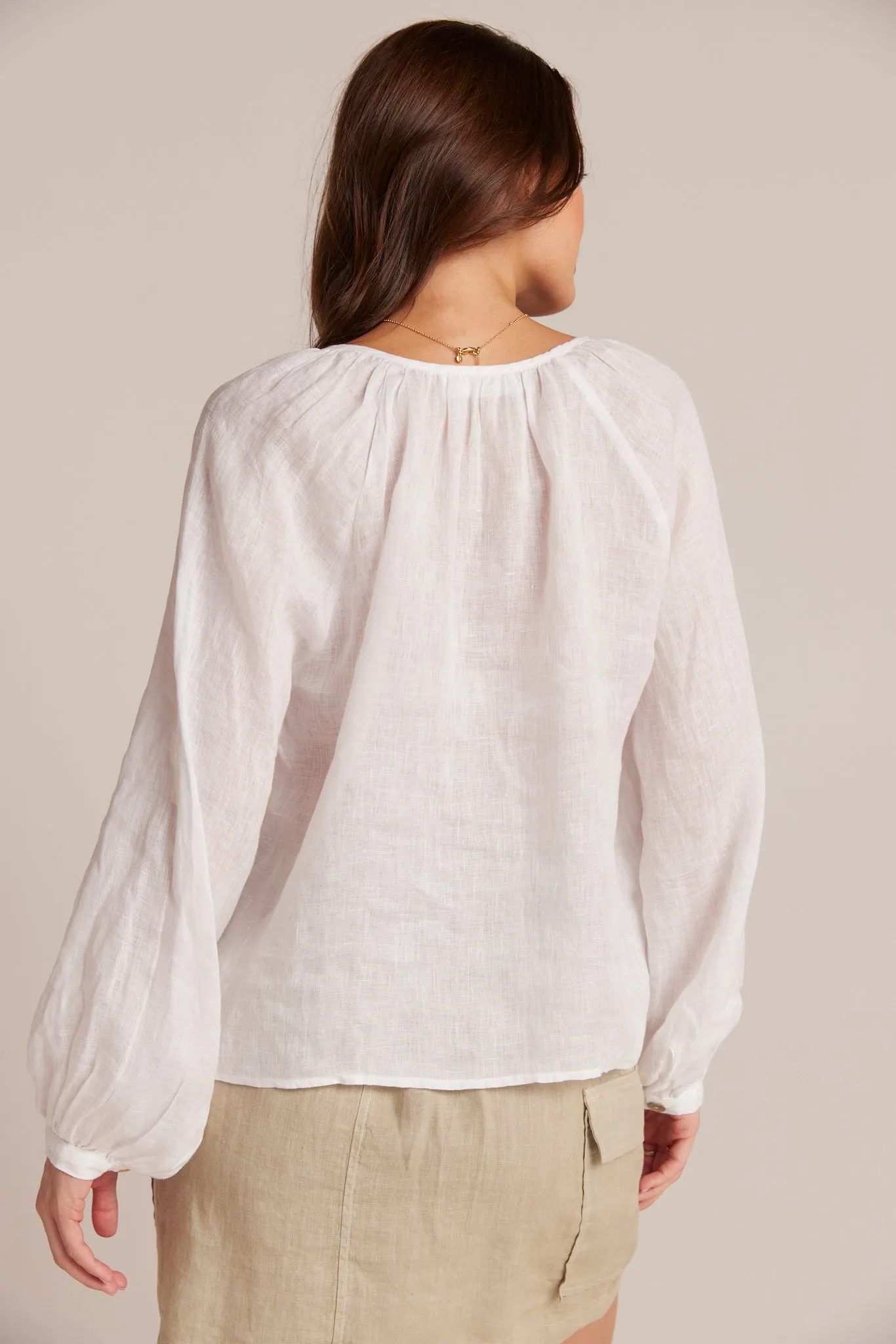 Shirred Linen Raglan Blouse - White