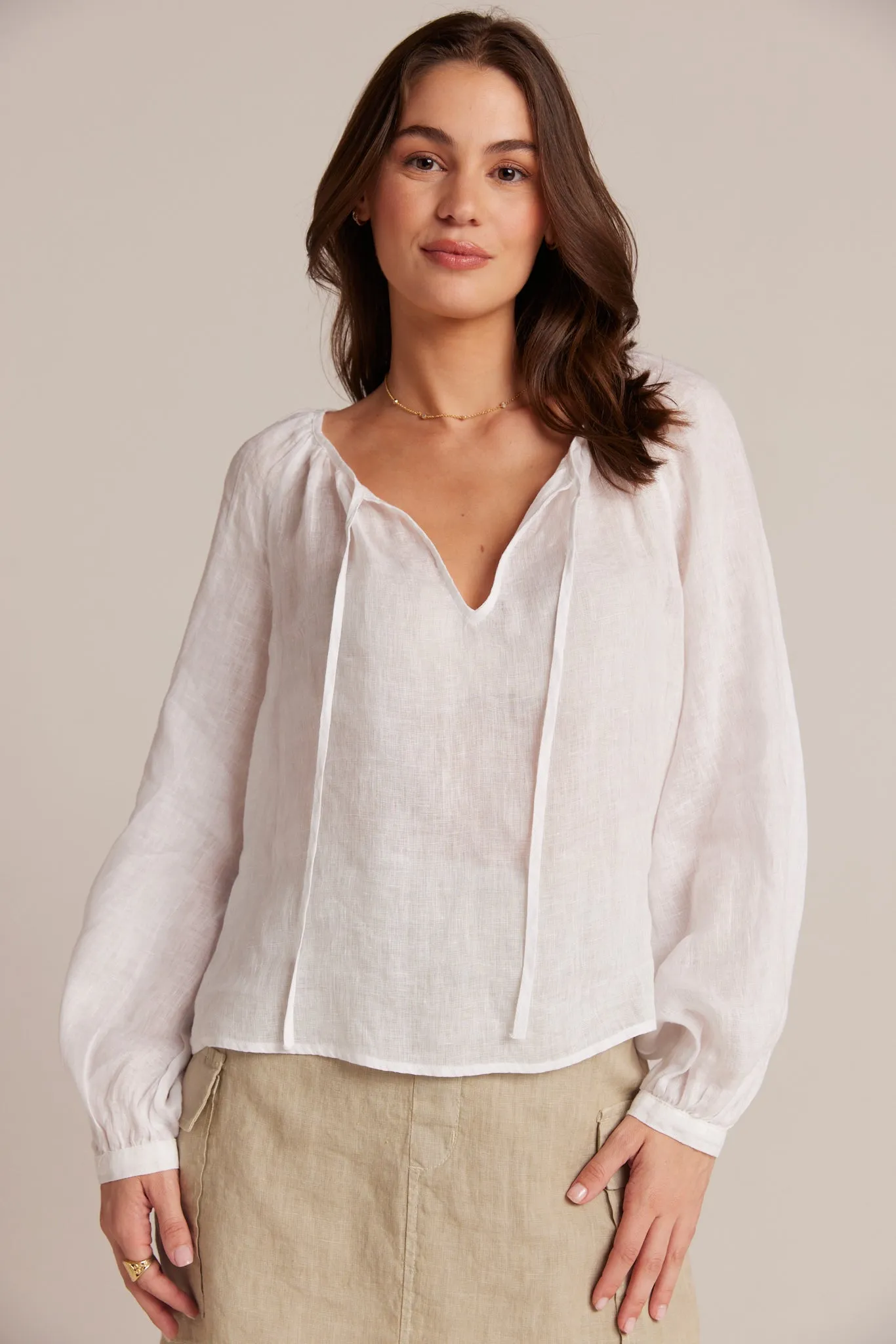 Shirred Linen Raglan Blouse - White