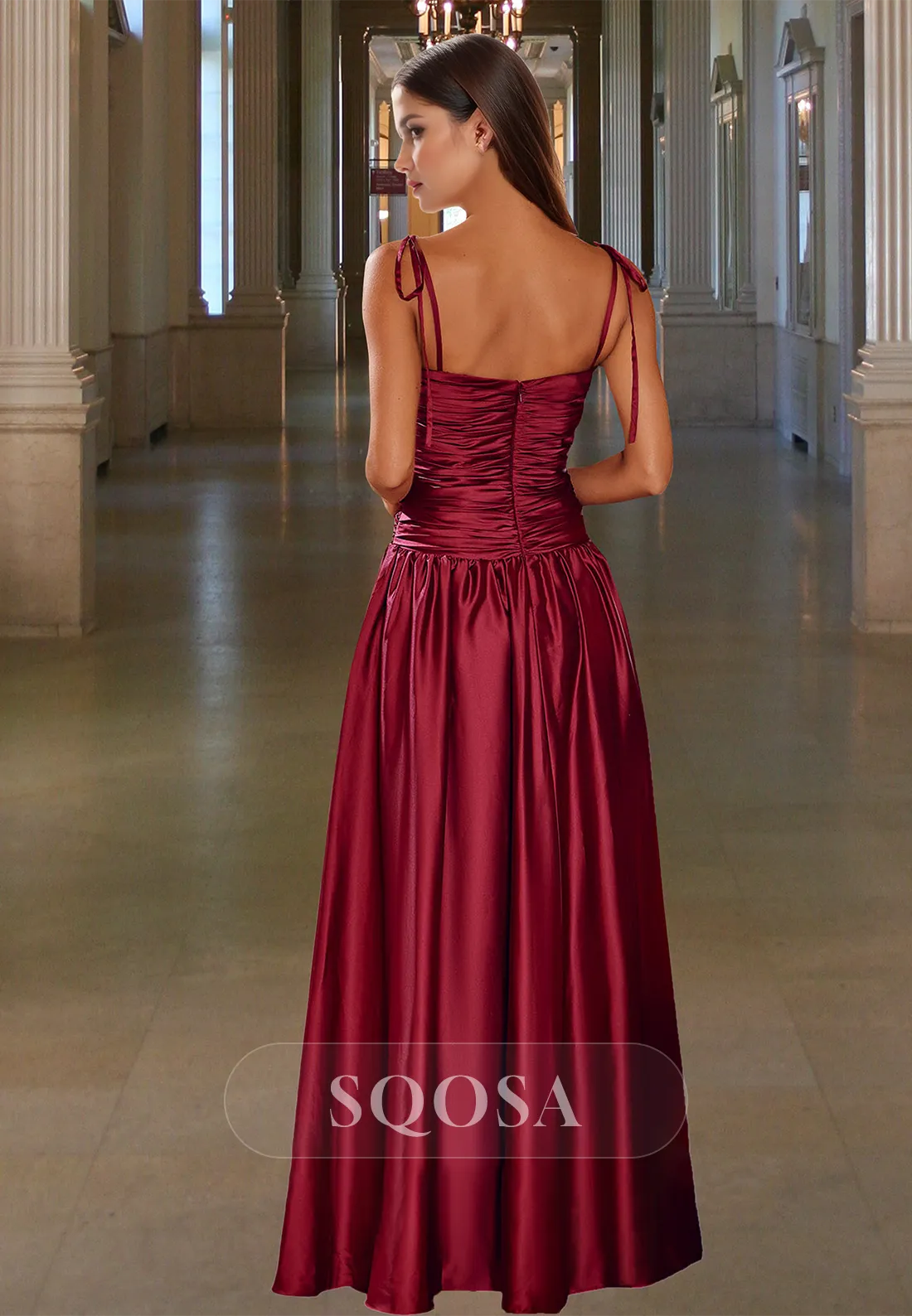 Spaghetti Straps Tube Top Off-Shoulder Sleeveless Pleated Floor-Length Satin A-Line Prom Dress