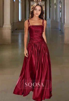 Spaghetti Straps Tube Top Off-Shoulder Sleeveless Pleated Floor-Length Satin A-Line Prom Dress