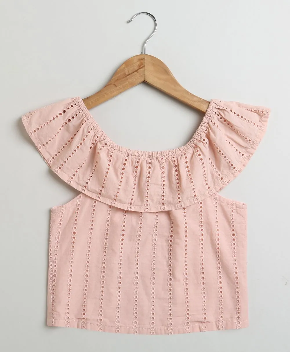 Sweetlime By AS Peach Cotton Schiffly Off Shoulder Top