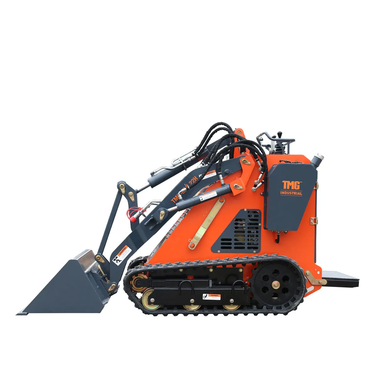 Compact and Powerful TMG Industrial 22 HP Honda Engine Stand-On Mini Track Loader - 750 lb Capacity with Eaton Hydraulic Motor, Permco Pump, Italian Hydro Control Valve, Joystick Controls, and Smooth Bucket (Model TMG-MVL22H)