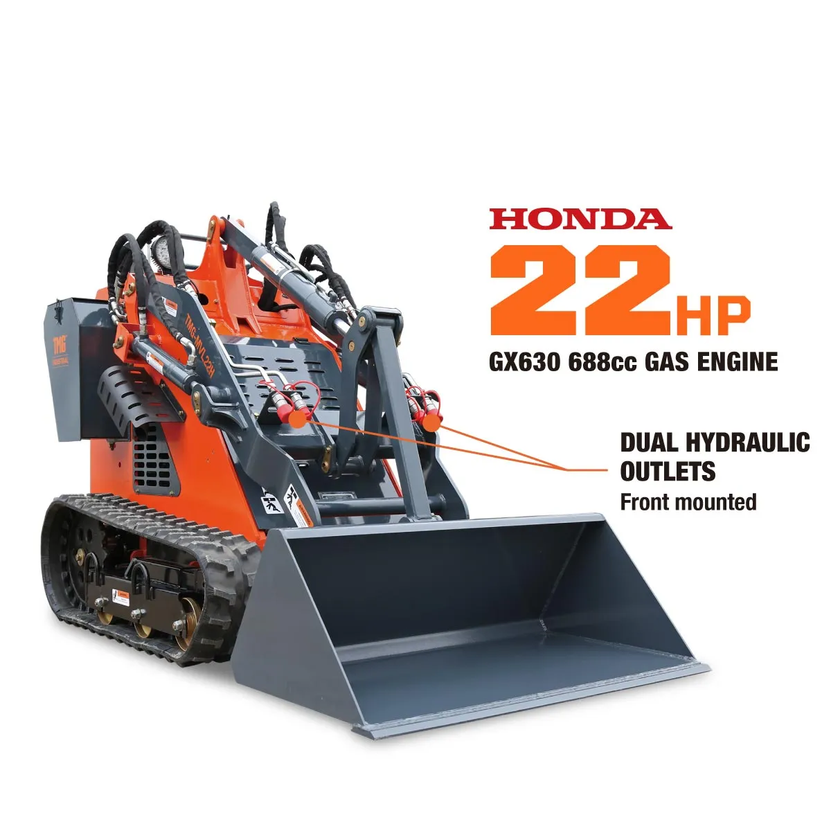 Compact and Powerful TMG Industrial 22 HP Honda Engine Stand-On Mini Track Loader - 750 lb Capacity with Eaton Hydraulic Motor, Permco Pump, Italian Hydro Control Valve, Joystick Controls, and Smooth Bucket (Model TMG-MVL22H)