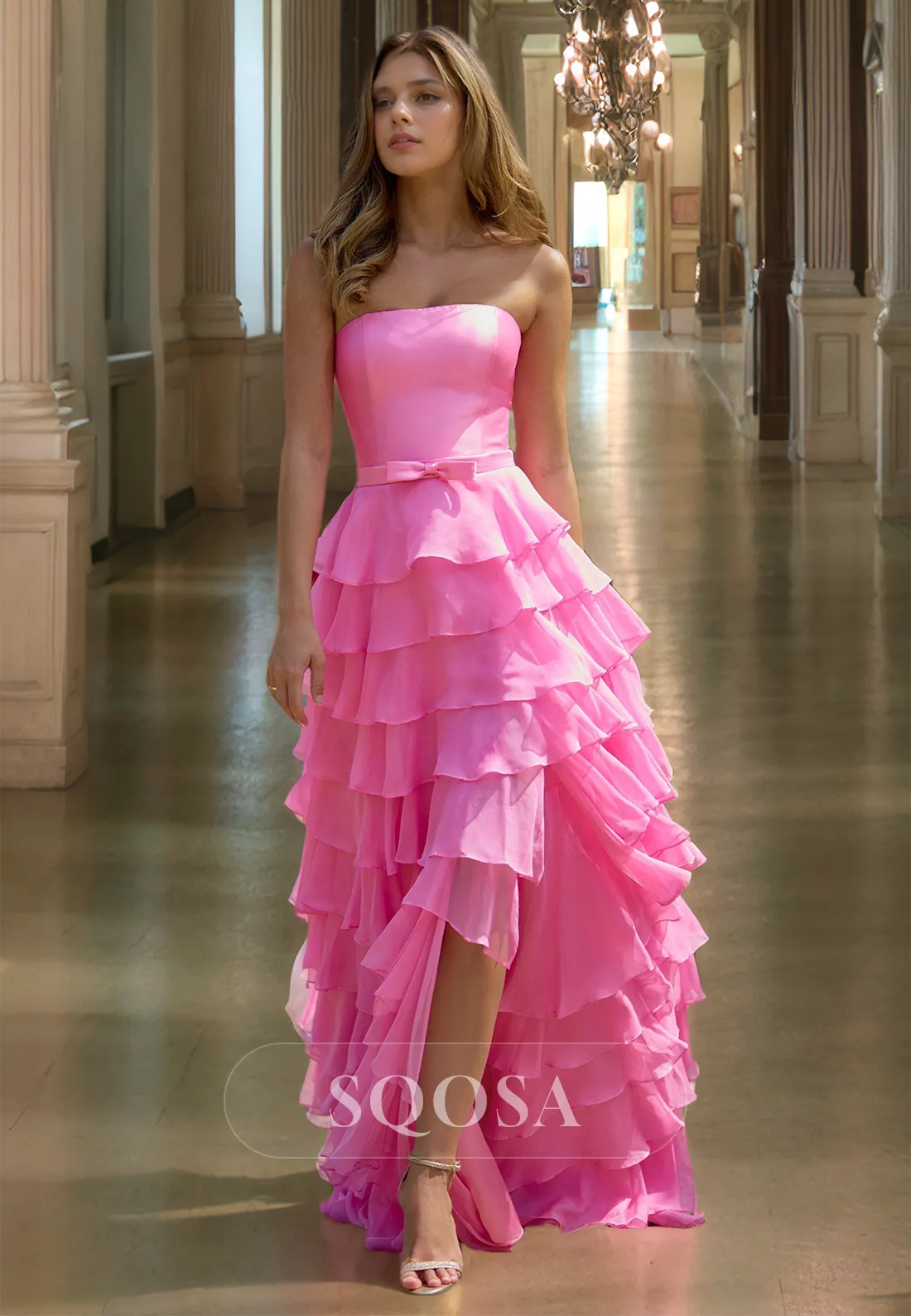 Tube Top Off-Shoulder Sleeveless Evening Gowns Pleated Chiffon Tiered Slit Fitted Prom Dress