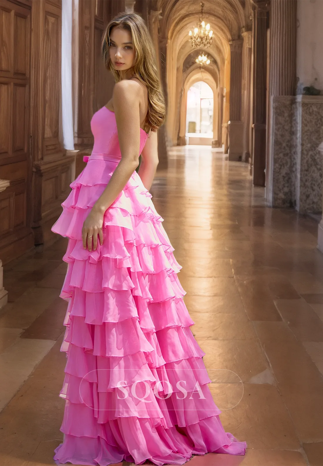 Tube Top Off-Shoulder Sleeveless Evening Gowns Pleated Chiffon Tiered Slit Fitted Prom Dress