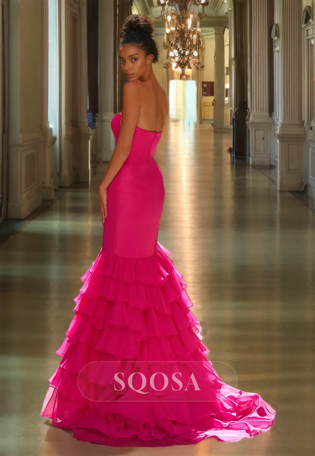 Tube Top Off-Shoulder Sleeveless High Slit Mermaid Prom Dress with Chiffon Tiered Train
