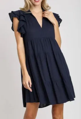 Umgee Navy Linen Blend Ruffle Sleeve Short Dress (Available in Plus Sizes)