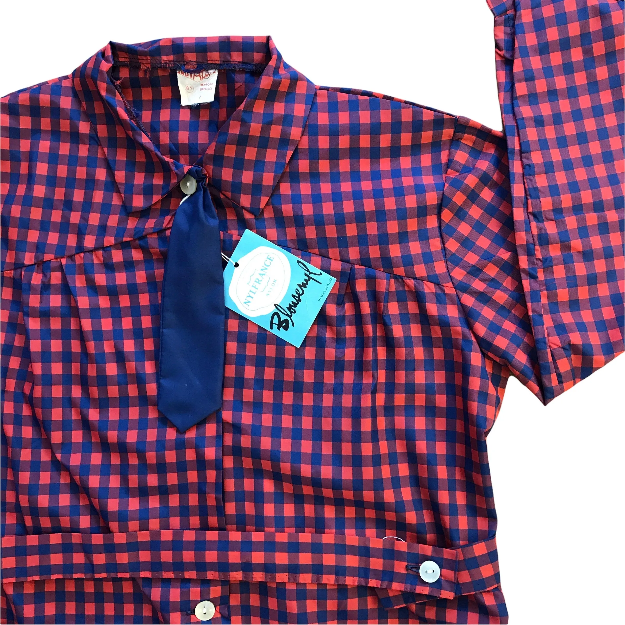 Vintage 1960's Red / Navy Gingham  Nylon Dress / Blouse  / 10-12Y
